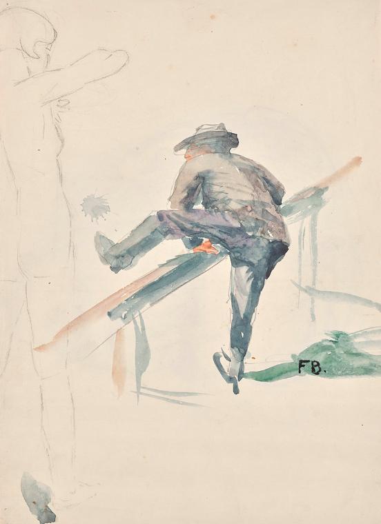 Franz Barwig, Mann, über ein Geländer kletternd und Umrisse eines Mädchenakts, um 1927/1930, Aq…