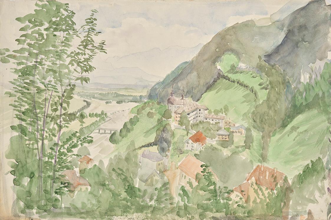 Franz Barwig, Flusslandschaft im Gebirge mit Burg, um 1910/1920, Aquarell auf Papier, 31,6 × 47…