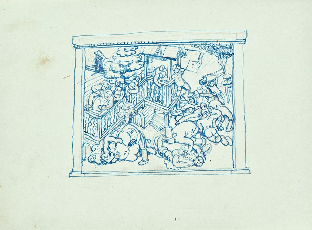 Franz Barwig, Raufende Bauern, 1919, Blaue Tinte über Bleistift auf Papier, 17,5 × 23,7 cm, Bel…