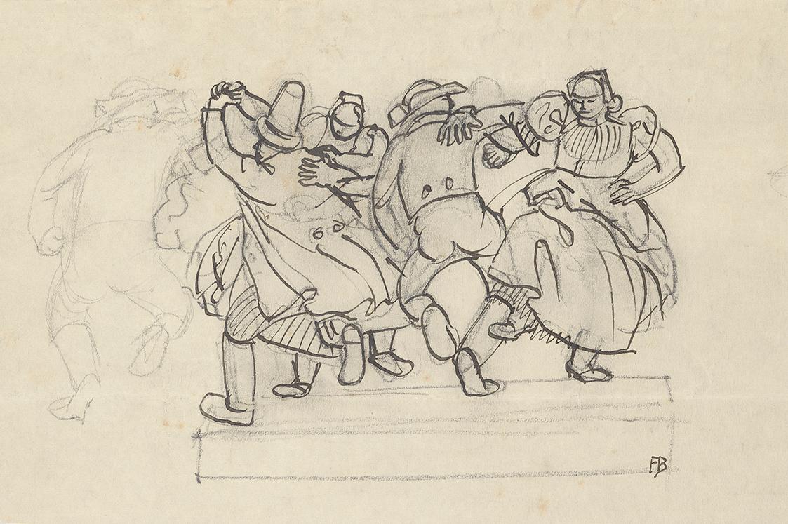 Franz Barwig, Studie zu einem Relief mit tanzenden Bauern, 1919, Tusche über Bleistift auf Papi…