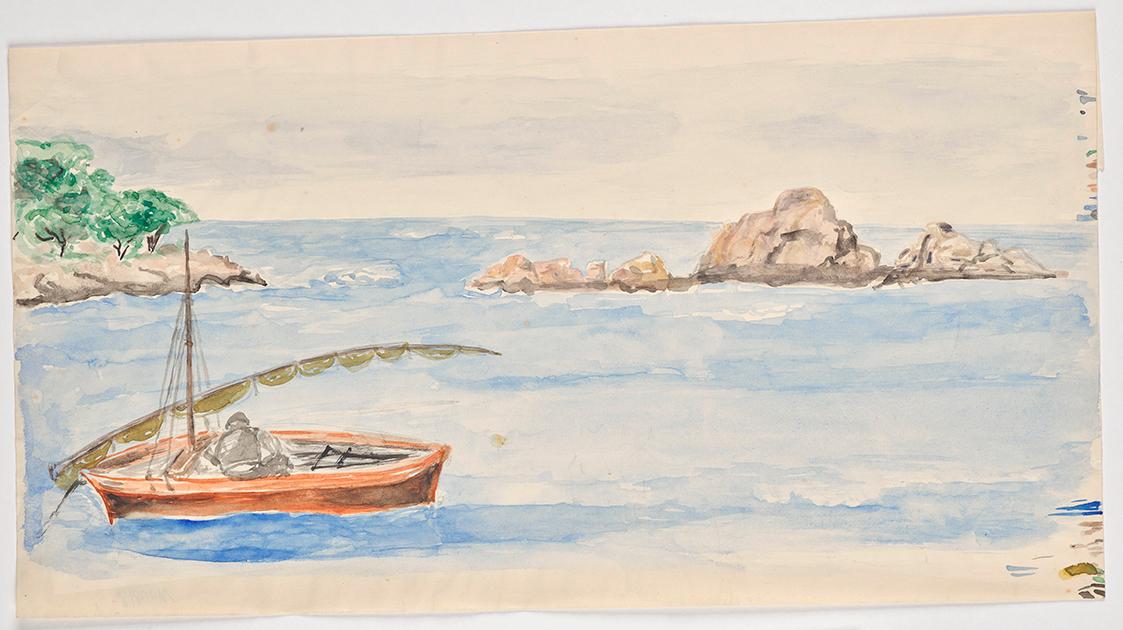 Walter Barwig, Mann in Segelboot an der Küste in Florida (?), 1926/1927, Aquarell auf Papier, 2…
