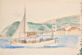 Walter Barwig, Mann in Boot mit Fässern in Italien, um 1910, Aquarell auf Papier, 28,3 × 42 cm,…