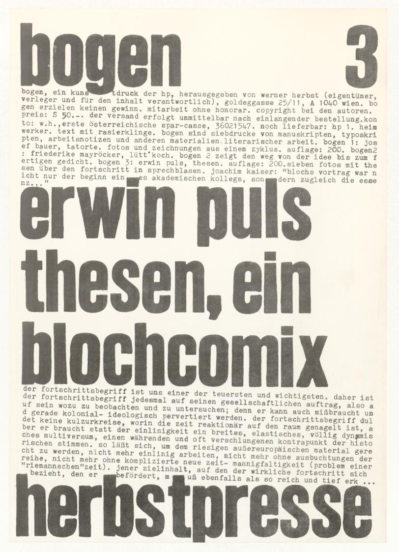 Erwin Puls, bogen 3, erwin puls, thesen, ein blochcomix, herbstpresse, 1976, Druck auf Papier, …