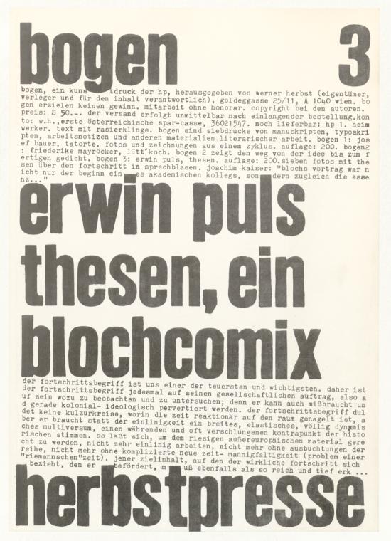 Erwin Puls, bogen 3, erwin puls, thesen, ein blochcomix, herbstpresse, 1976, Druck auf Papier, …