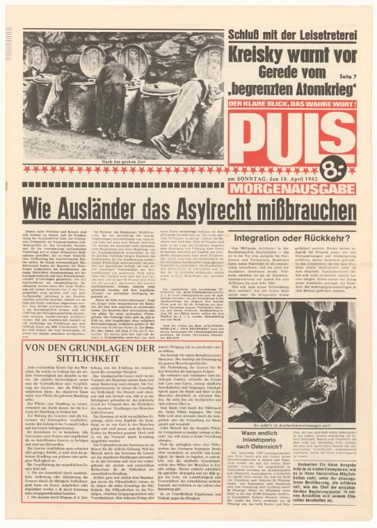 Erwin Puls, PULS – DER KLARE BLICK, DAS WAHRE WORT!, 18.4.1982, Offset-Druck auf Papier, 48,9 ×…
