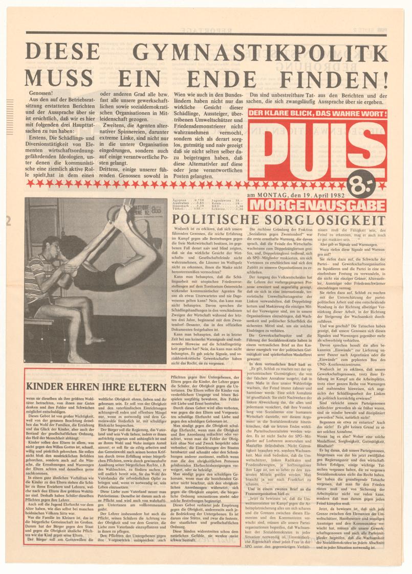 Erwin Puls, PULS – DER KLARE BLICK, DAS WAHRE WORT!, 19.4.1982, Offset-Druck auf Papier, 48,9 ×…
