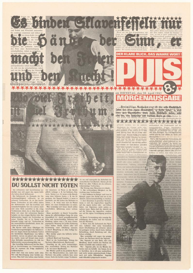 Erwin Puls, PULS – DER KLARE BLICK, DAS WAHRE WORT!, 20.4.1982, Offset-Druck auf Papier, 48,9 ×…