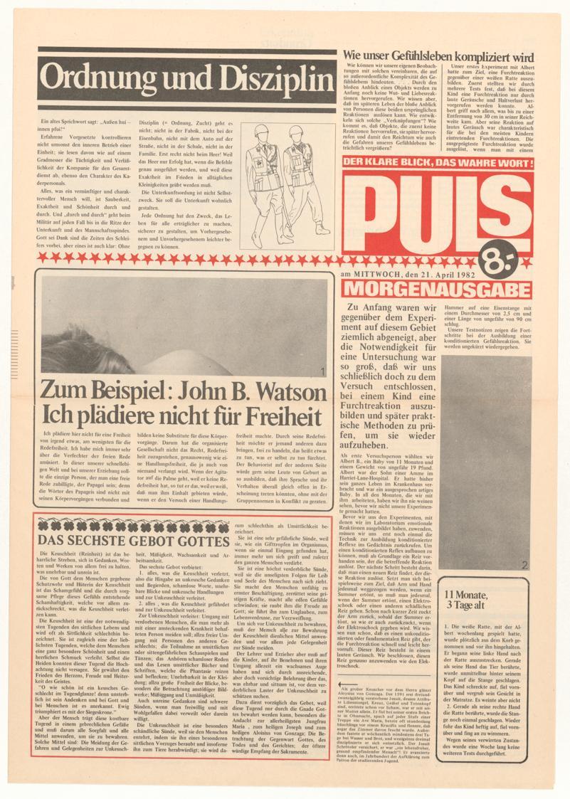 Erwin Puls, PULS – DER KLARE BLICK, DAS WAHRE WORT!, 21.4.1982, Offset-Druck auf Papier, 48,9 ×…