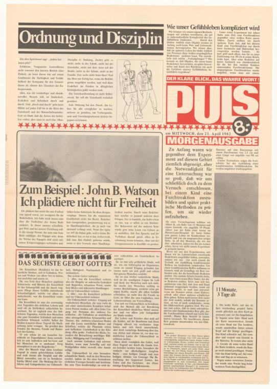 Erwin Puls, PULS – DER KLARE BLICK, DAS WAHRE WORT!, 21.4.1982, Offset-Druck auf Papier, 48,9 ×…