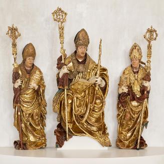 Andreas Lackner, Thronender hl. Blasius mit den hll. Rupert und Maximilian, 1518, Lindenholz, t…