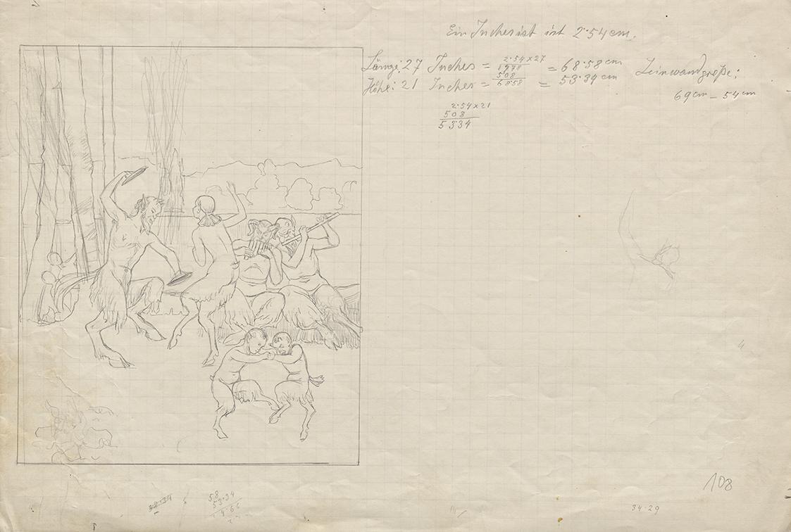 Franz von Matsch, Tanz der Faune, 1936, Bleistiftstudie mit Maßangaben, 31,7 x 46,6 cm, Belvede…
