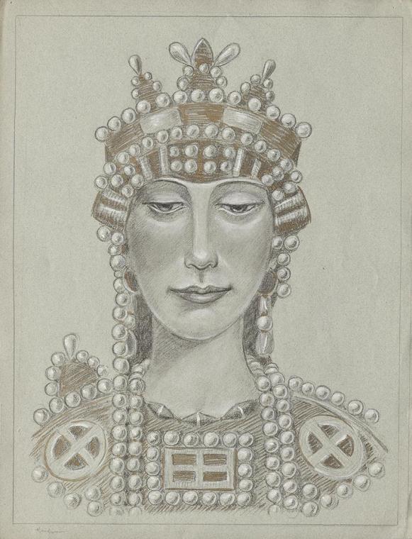 Franz von Matsch, Kaiserin Theodora, undatiert, Bleistift, Kohle, Tempera in Gold und Weiß, 49,…