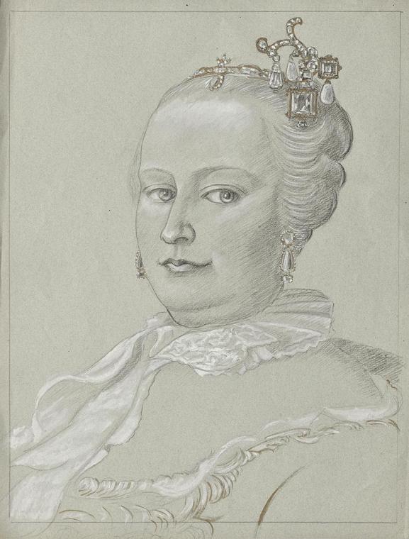 Franz von Matsch, Kaiserin Maria Theresia, undatiert, Bleistift, Kohle, Tempera in Gold und Wei ...