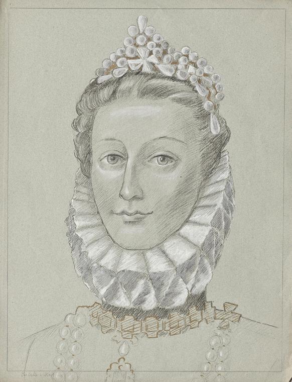 Franz von Matsch, Königin Isabella von Kastillien, undatiert, Bleistift, Kohle, Tempera in Gold…