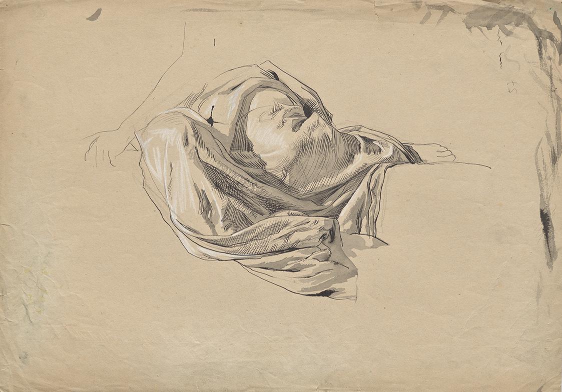 Franz von Matsch, Draperiestudie, undatiert, Tusche laviert und Weißstift, 44,8 x 31,7 cm, Belv…