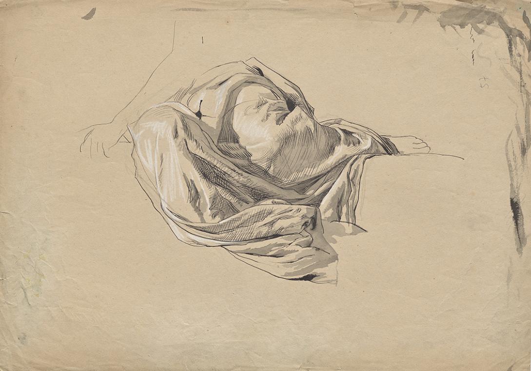 Franz von Matsch, Draperiestudie, undatiert, Tusche laviert und Weißstift, 44,8 x 31,7 cm, Belv…