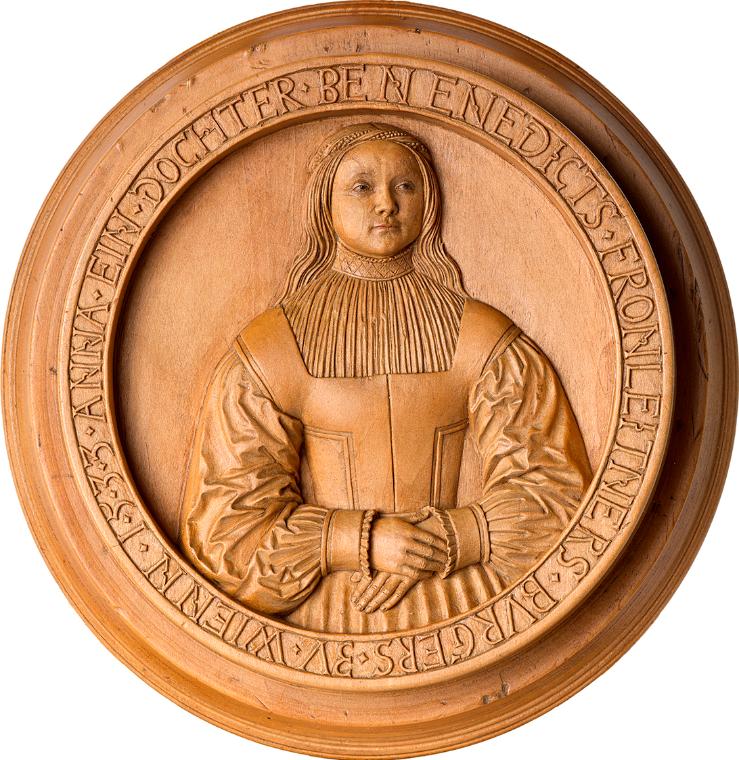 Wiener Bildschnitzer, Bildnis der Anna Fronleitner, 1533, Buchsholz, holzsichtig, Augen und Lip…