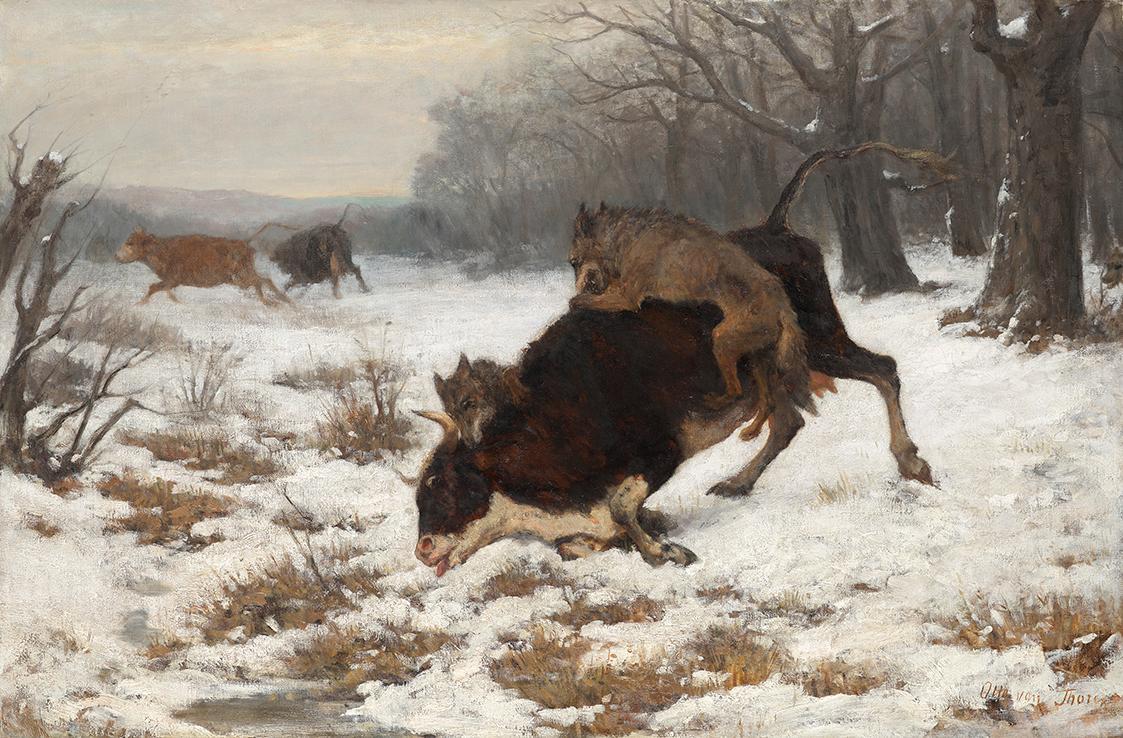 Otto von Thoren, Eine Kuh wird von Wölfen angefallen, vor 1872, Öl auf Leinwand, 69,5 × 106 cm,…
