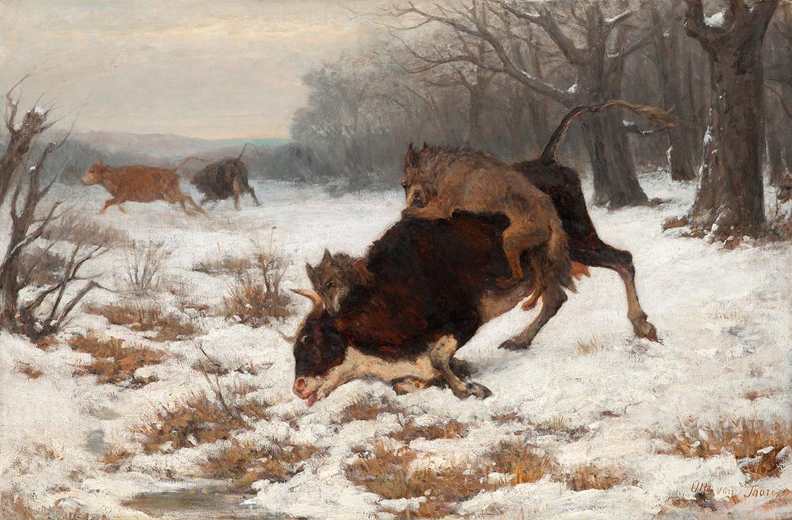 Otto von Thoren, Eine Kuh wird von Wölfen angefallen, vor 1872, Öl auf Leinwand, 69,5 × 106 cm,…
