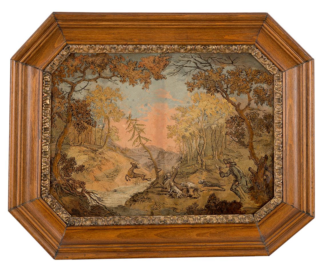 Hirschjagd, 1740/1770, Öl auf Schiefer, teilweise graviert, 23,5 × 32,5 cm, Belvedere, Wien, In…