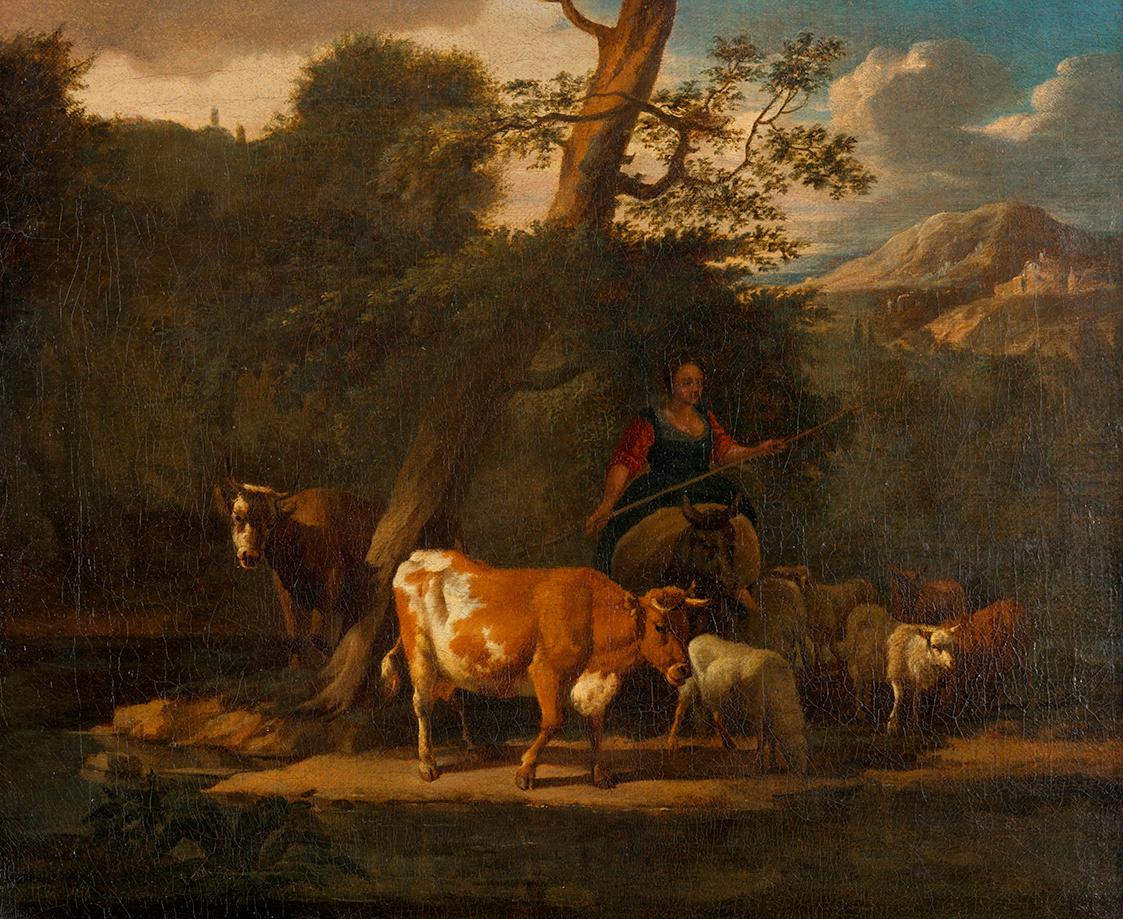 Hirtin mit Kühen unter einem Baum