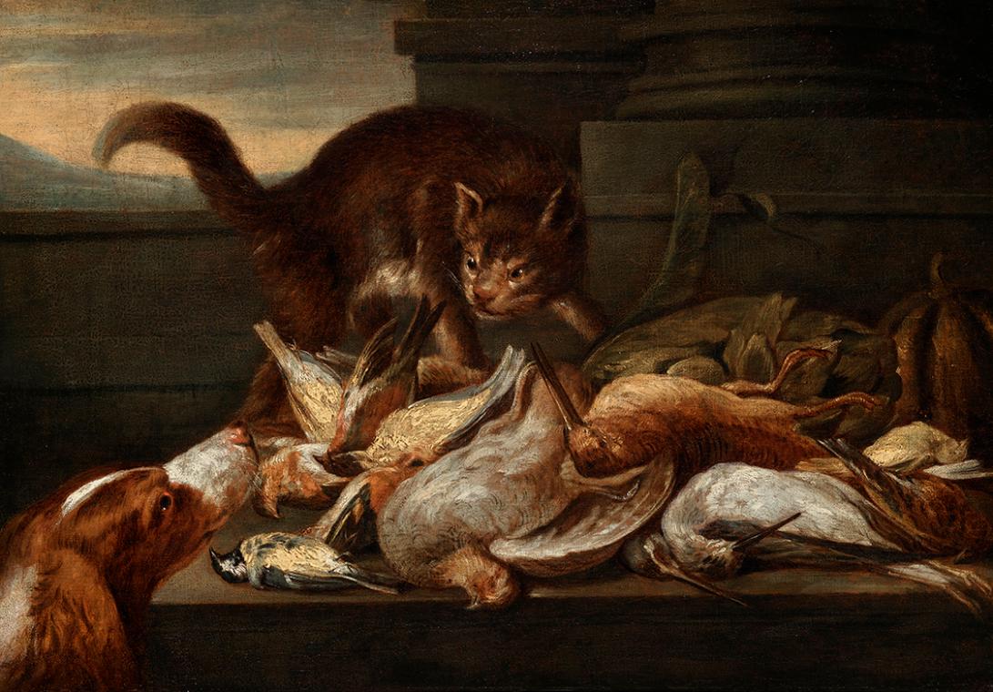 Felice Boselli, Jagdstillleben mit Katze, undatiert, Öl auf Leinwand, 53 × 74,5 cm, Belvedere, …