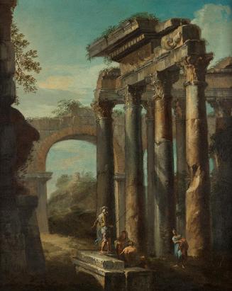 Giovanni Paolo Pannini, Römische Ruinenlandschaft, 1730/1770, Öl auf Leinwand, 47,5 × 38 cm, Be…