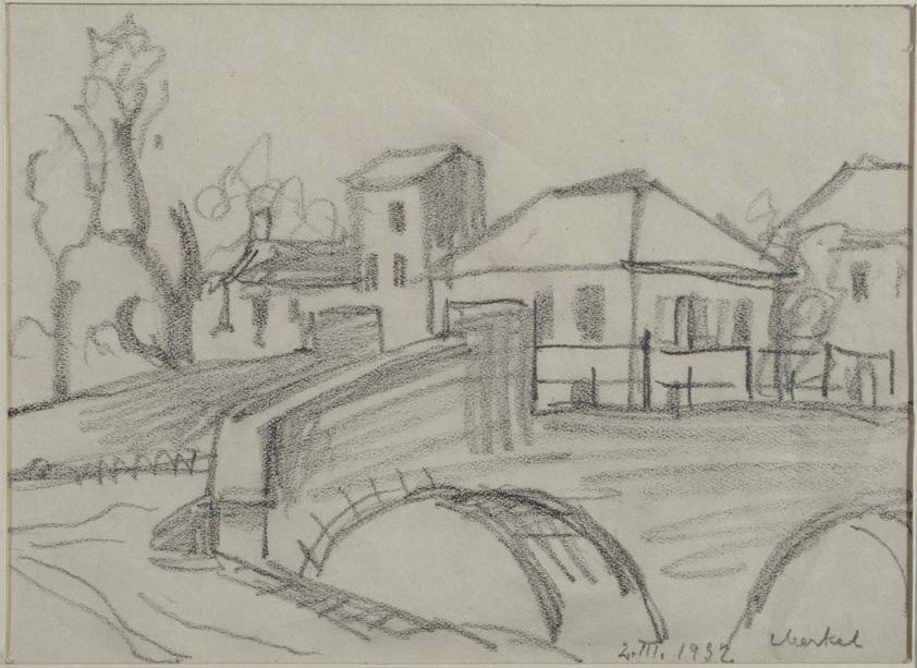 Georg Merkel, Landschaft Stadt mit Brücke, 1932, Bleistift auf Papier, 11,5 x 16 cm, Belvedere,…