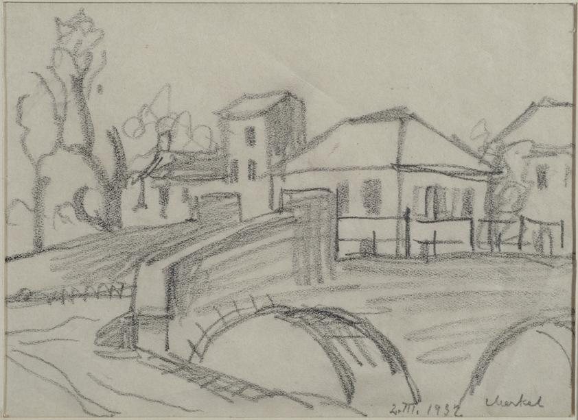 Georg Merkel, Landschaft Stadt mit Brücke, 1932, Bleistift auf Papier, 11,5 x 16 cm, Belvedere,…