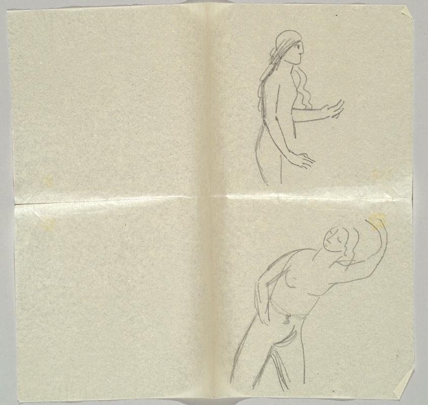 Georg Merkel, Aktstudie + Bewegungsstudie, undatiert, Bleistift auf Papier (Serviette), 28 x 29…