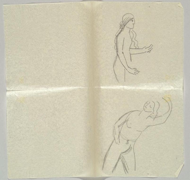 Georg Merkel, Aktstudie + Bewegungsstudie, undatiert, Bleistift auf Papier (Serviette), 28 x 29…