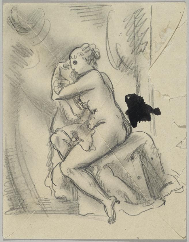 Georg Merkel, Sitzender Rückenakt, undatiert, Bleistift auf Papier (Briefumschlag), Tinte, 17,5…