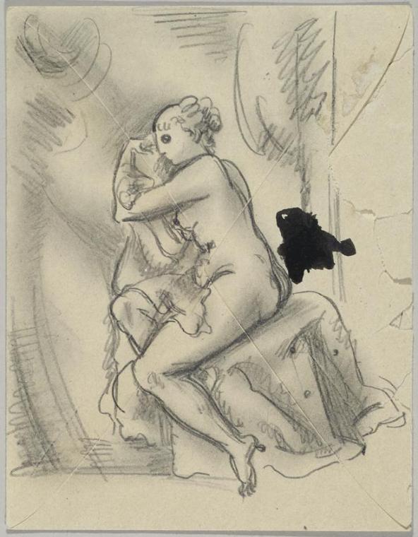 Georg Merkel, Sitzender Rückenakt, undatiert, Bleistift auf Papier (Briefumschlag), Tinte, 17,5…