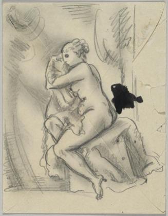 Georg Merkel, Sitzender Rückenakt, undatiert, Bleistift auf Papier (Briefumschlag), Tinte, 17,5…