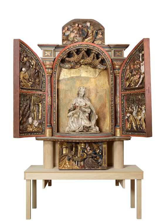 Kremser Werkstatt, Ädikula-Altar mit Seitenflügeln, um 1520, Schrein aus Fichtenholz; Flügel mi…