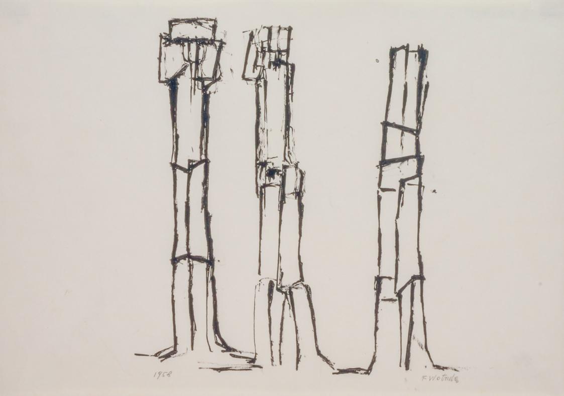 Fritz Wotruba, Zwei Figuren und ein Torso, 1958, Tusche, Feder auf Papier, Blattmaße: 29 × 41,5…