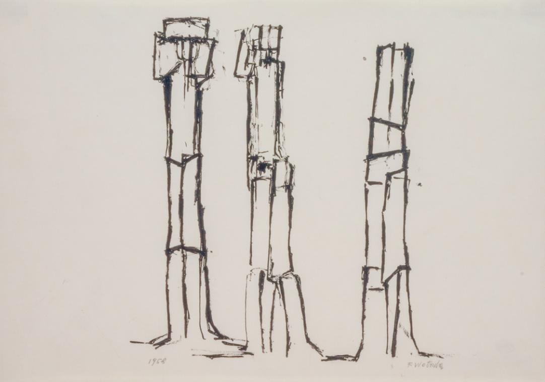 Fritz Wotruba, Zwei Figuren und ein Torso, 1958, Tusche, Feder auf Papier, Blattmaße: 29 × 41,5…