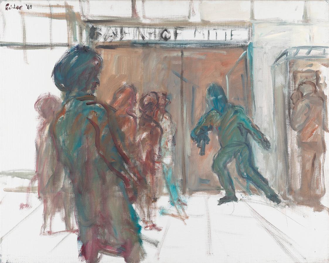 Georg Eisler, Tödlicher Vorfall am Bahnhof Mitte, 1989, Öl auf Leinwand, 80 × 100 cm, Belvedere…