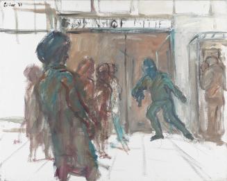 Georg Eisler, Tödlicher Vorfall am Bahnhof Mitte, 1989, Öl auf Leinwand, 80 × 100 cm, Belvedere…