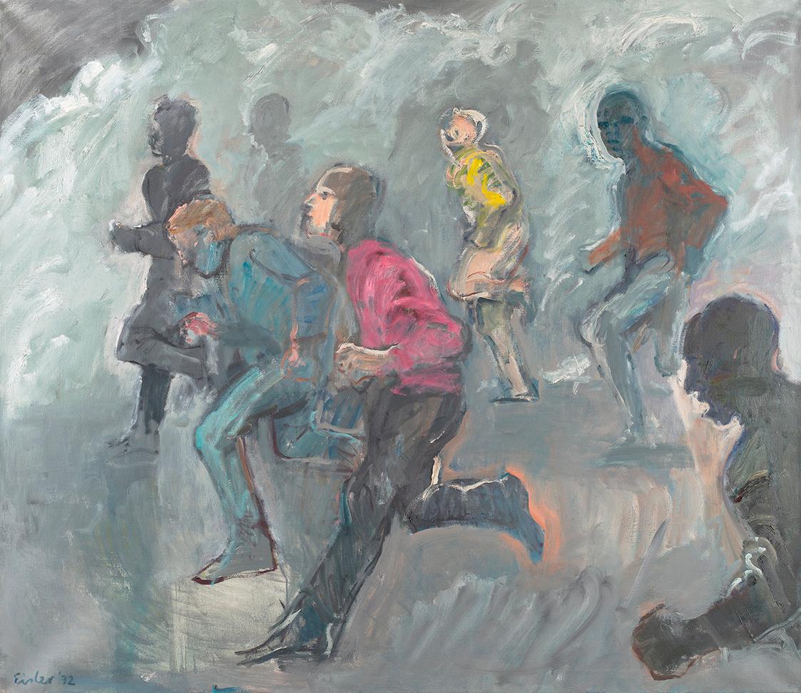 Georg Eisler, Laufende im Tränengas, 1972, Öl auf Leinwand, Keilrahmen: 130 × 150 × 3 cm, Belve…
