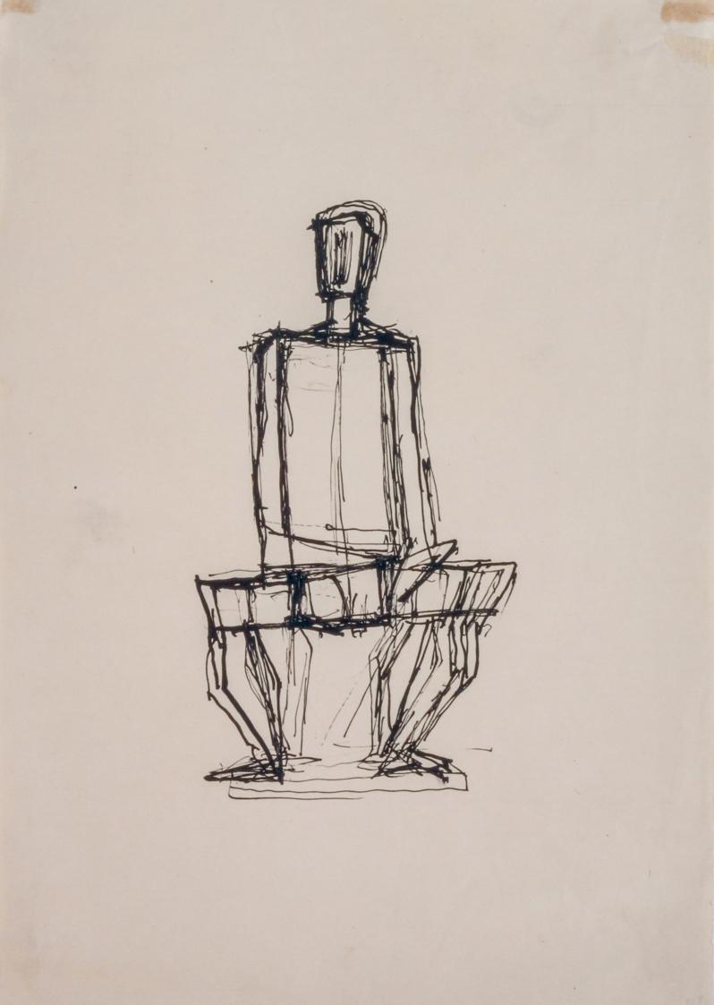 Fritz Wotruba, Sitzende männliche Figur, 1948, Tusche, Feder auf Papier, Blattmaße: 29,7 × 21 c…