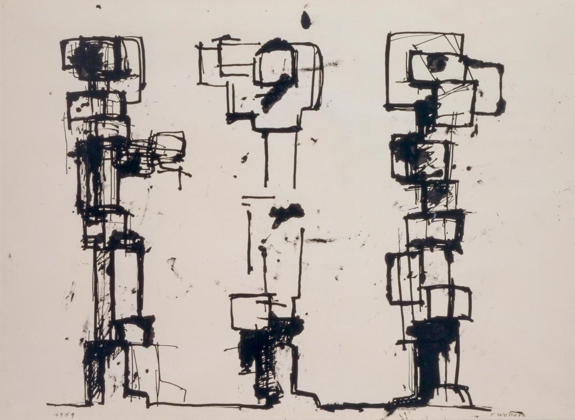 Fritz Wotruba, Drei Figuren, 1959, Tusche, Feder auf Papier, Blattmaße: 43,8 × 60 cm, Belvedere…