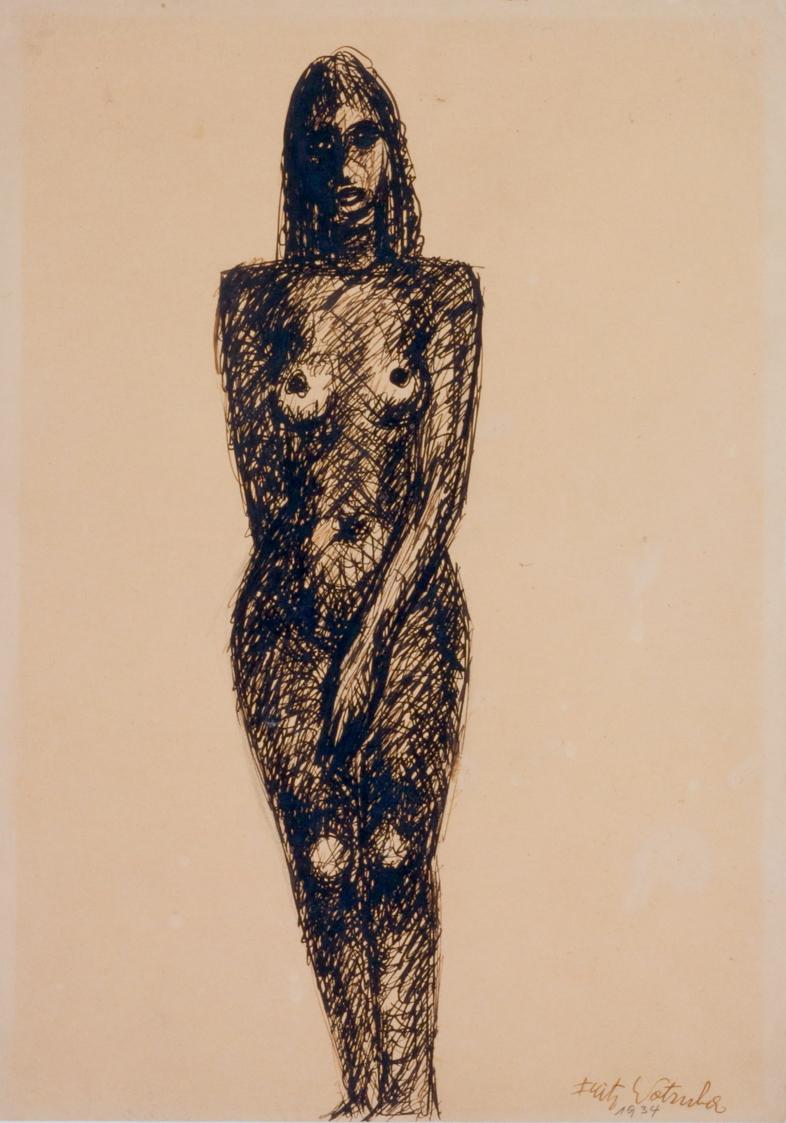 Fritz Wotruba, Figur, 1934, Tusche, Feder über Bleistift auf Papier, Blattmaße: 42,2 × 30 cm, B…