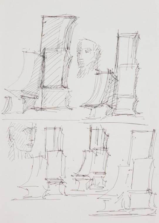 Fritz Wotruba, Fünf Torsi und zwei Köpfe, 1972, Schwarzer Kugelschreiber auf Papier, Blattmaße:…