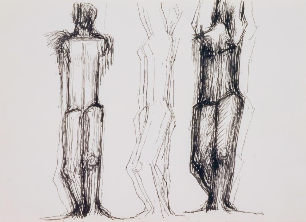 Fritz Wotruba, Drei Figuren, 1974–1975, Tusche, Feder auf Papier, Blattmaße: 24 × 33,5 cm, Belv…