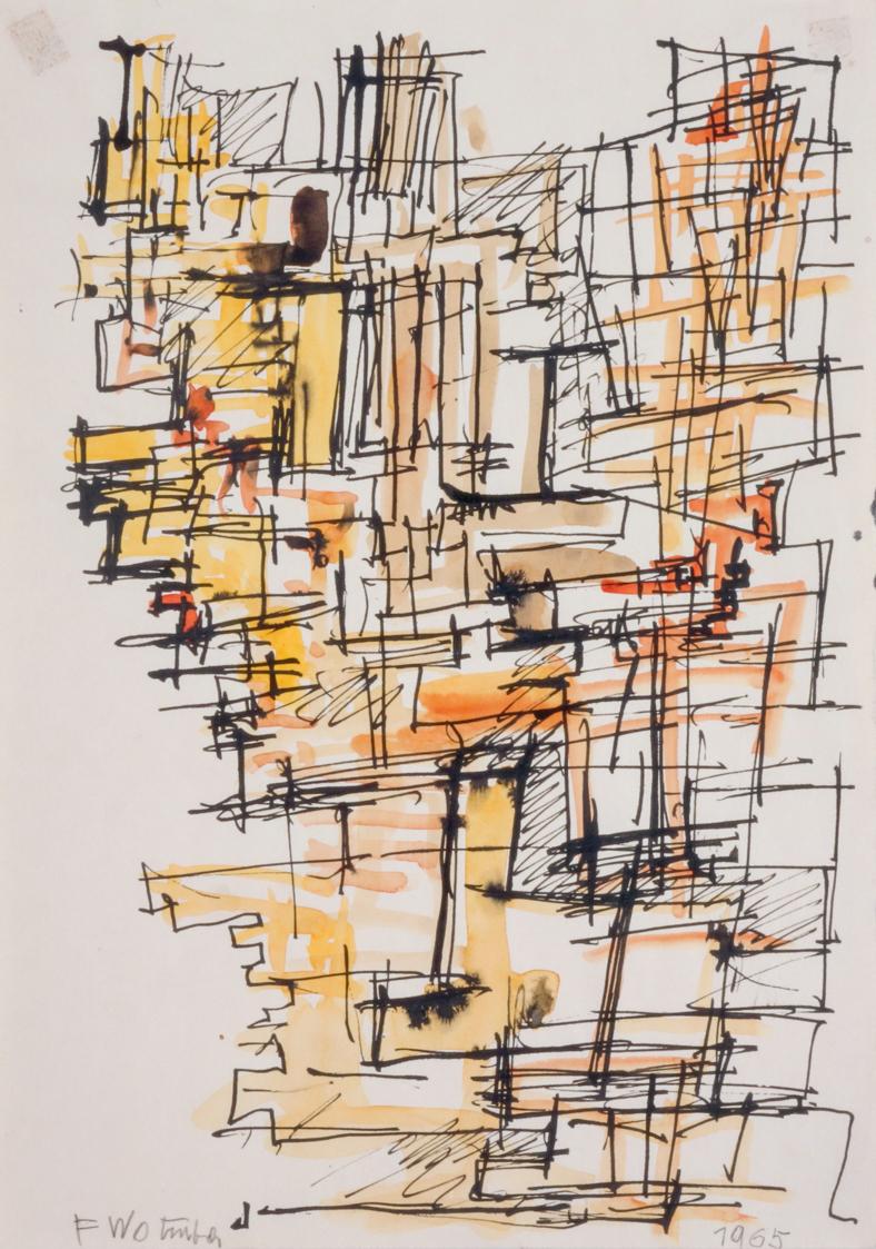 Fritz Wotruba, Architektonische Figurengruppe, 1965, Tusche, Feder, Aquarell auf Papier, Blattm…