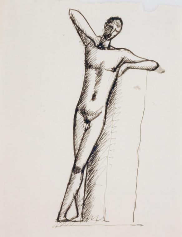 Fritz Wotruba, Stehender Jüngling, 1942, Tusche, Feder auf Papier, Blattmaße: 27 × 21 cm, Belve…