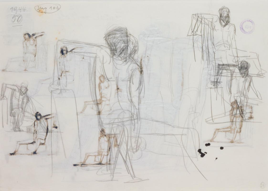 Fritz Wotruba, Mehrere Figuren, gebeugt, 1944, Bleistift auf Papier, Blattmaße: 21 × 29,8 cm, B…