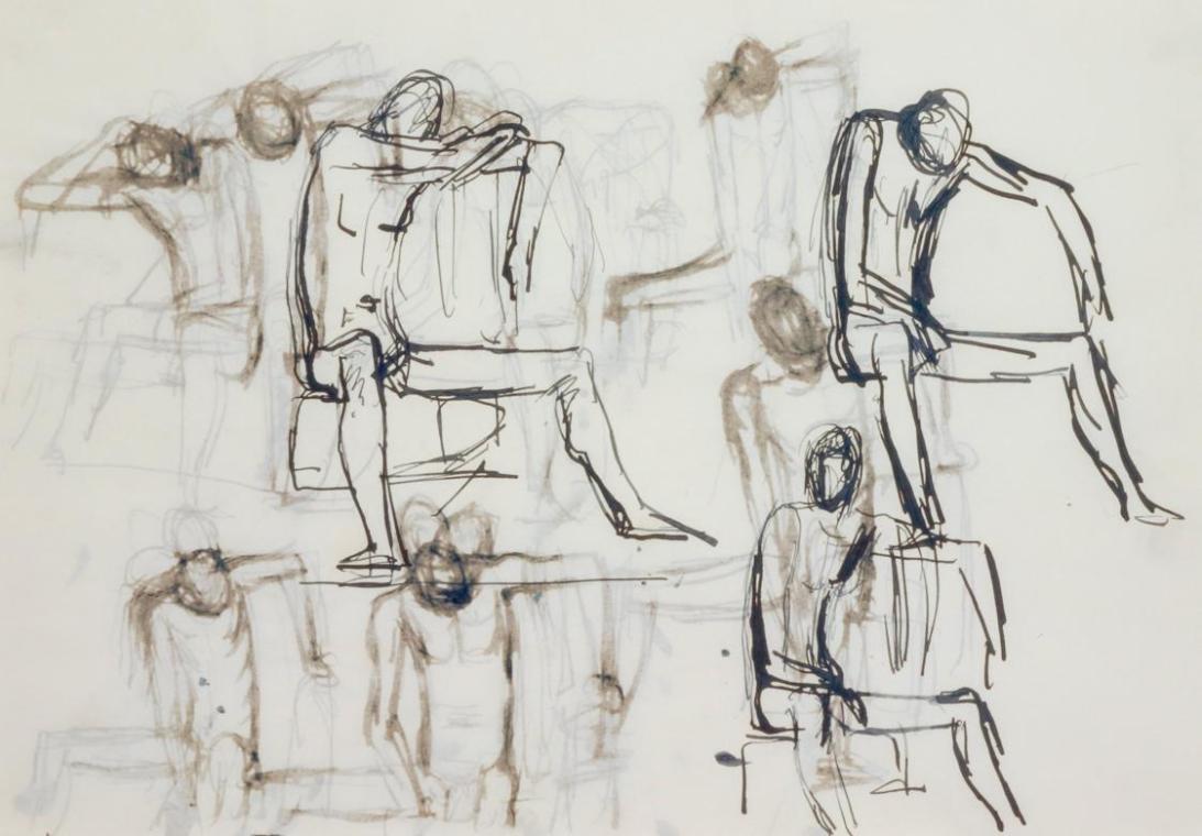 Fritz Wotruba, Mehrere Figuren, gebeugt, 1944, Tusche, Feder auf Papier, Blattmaße: 21 × 29,5 c…