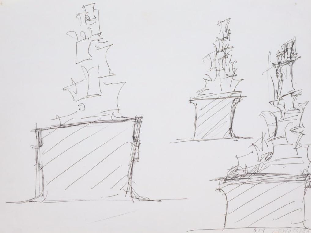 Fritz Wotruba, Entwurfskizzen für ein Denkmal für Richard Wagner, 1969, Tusche, Feder auf Papie…